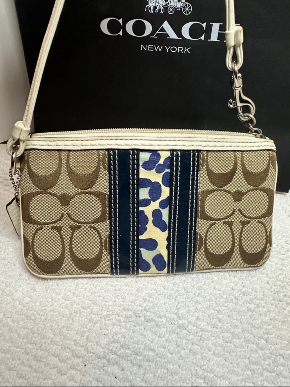 Coach Tan Signature Canvas Wristlet with Navy and Cream Accents